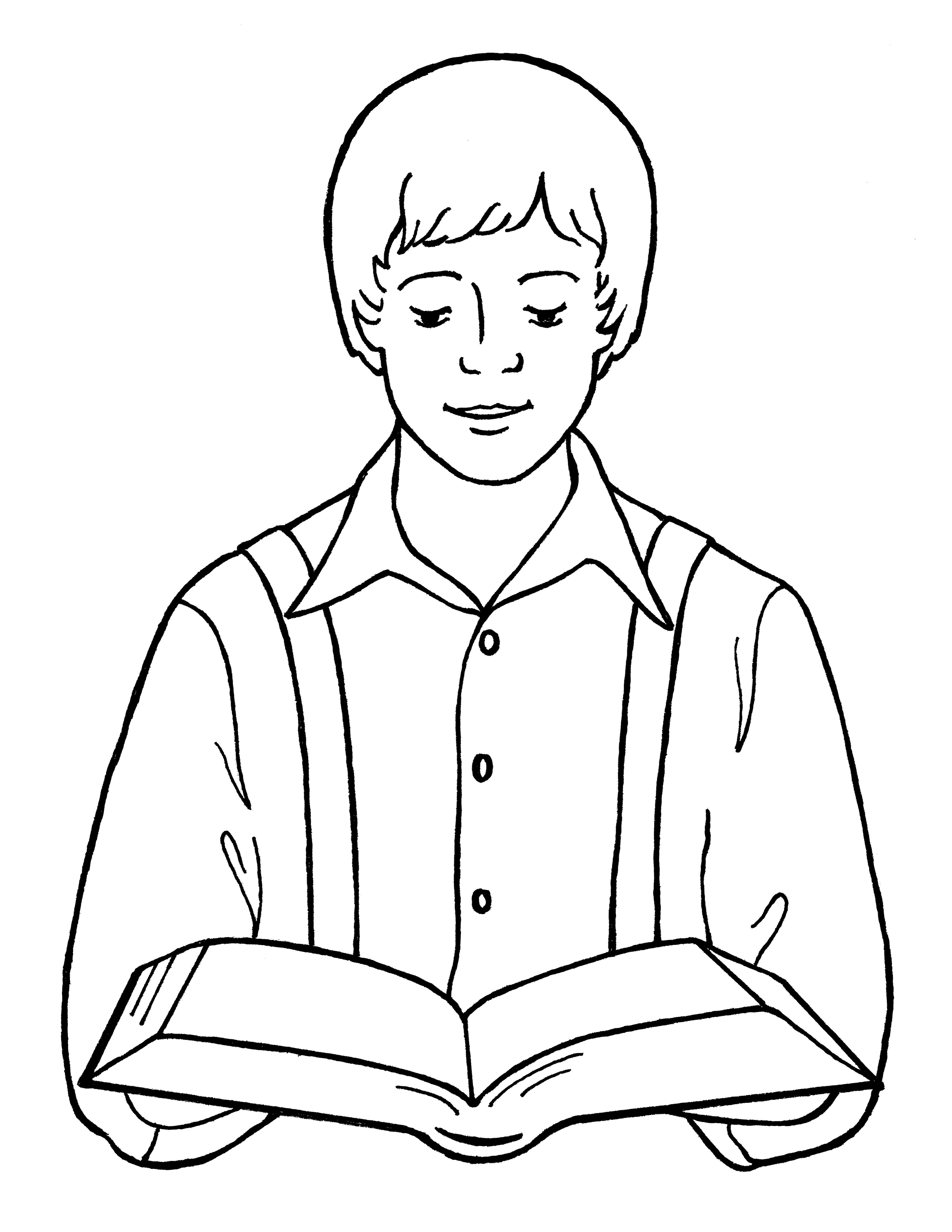 An illustration of Joseph Smith reading the scriptures, from the nursery manual Behold Your Little Ones (2008), page 91.