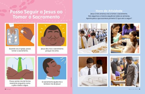 Uma página em PDF de uma bandeja de sacramento, um menino sorridente e de braços cruzados; mais uma atividade da ordenança do sacramento