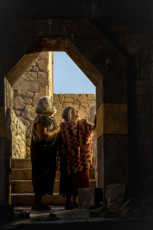 The elderly couple praise the Lord, while looking toward the sun.