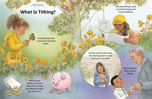 Page PDF with illustrations of a girl holding a butterfly, coins and an envelope, a piggy bank, a woman at a temple construction site, a girl holding a doll in a refugee camp, and a boy giving an envelope to a man
