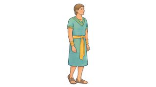 An illustration of a male character from the Book of Mormon dressed in a blue robe, yellow sash, and sandals.