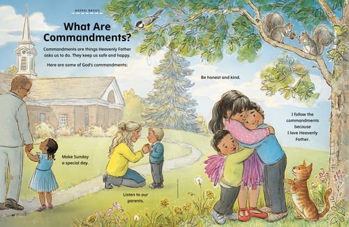 Page PDF of a girl walking to church with her dad, a boy with his mom, and children hugging each other