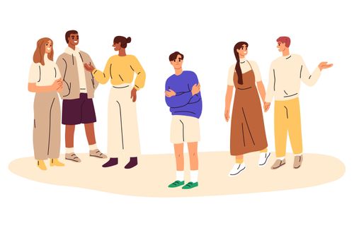 在一群交谊的人当中，一个男子看起来很孤单